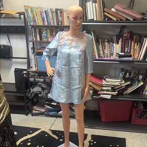 Blue & Pink Floral 3D Appliqué Sequin Satin Dress M